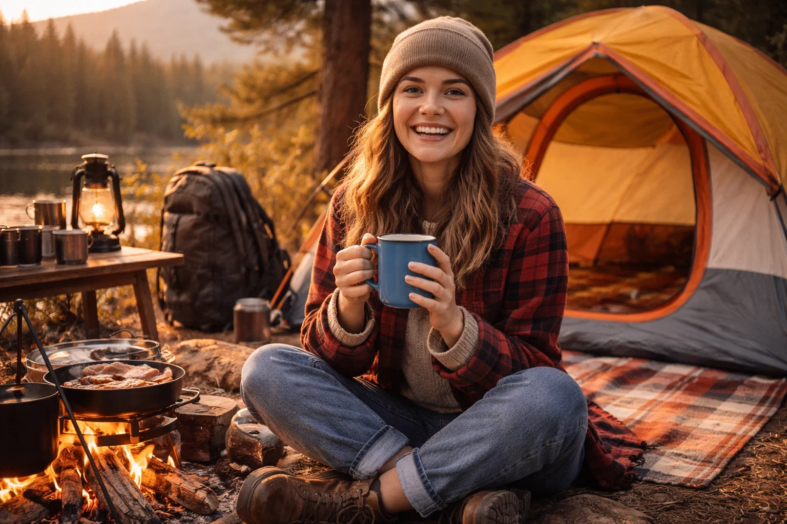 A happy person camping