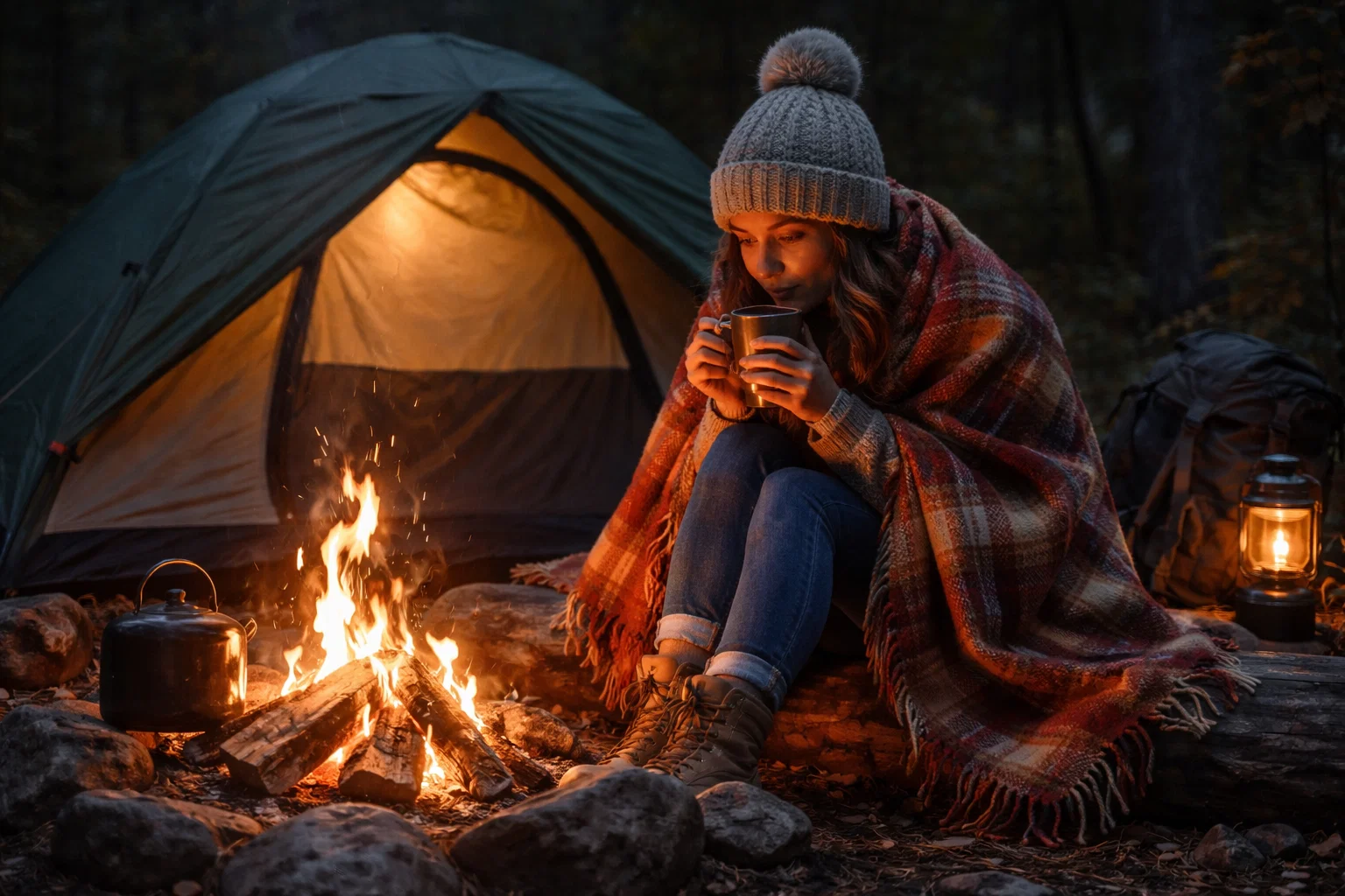 A woman trying to stay warm camping