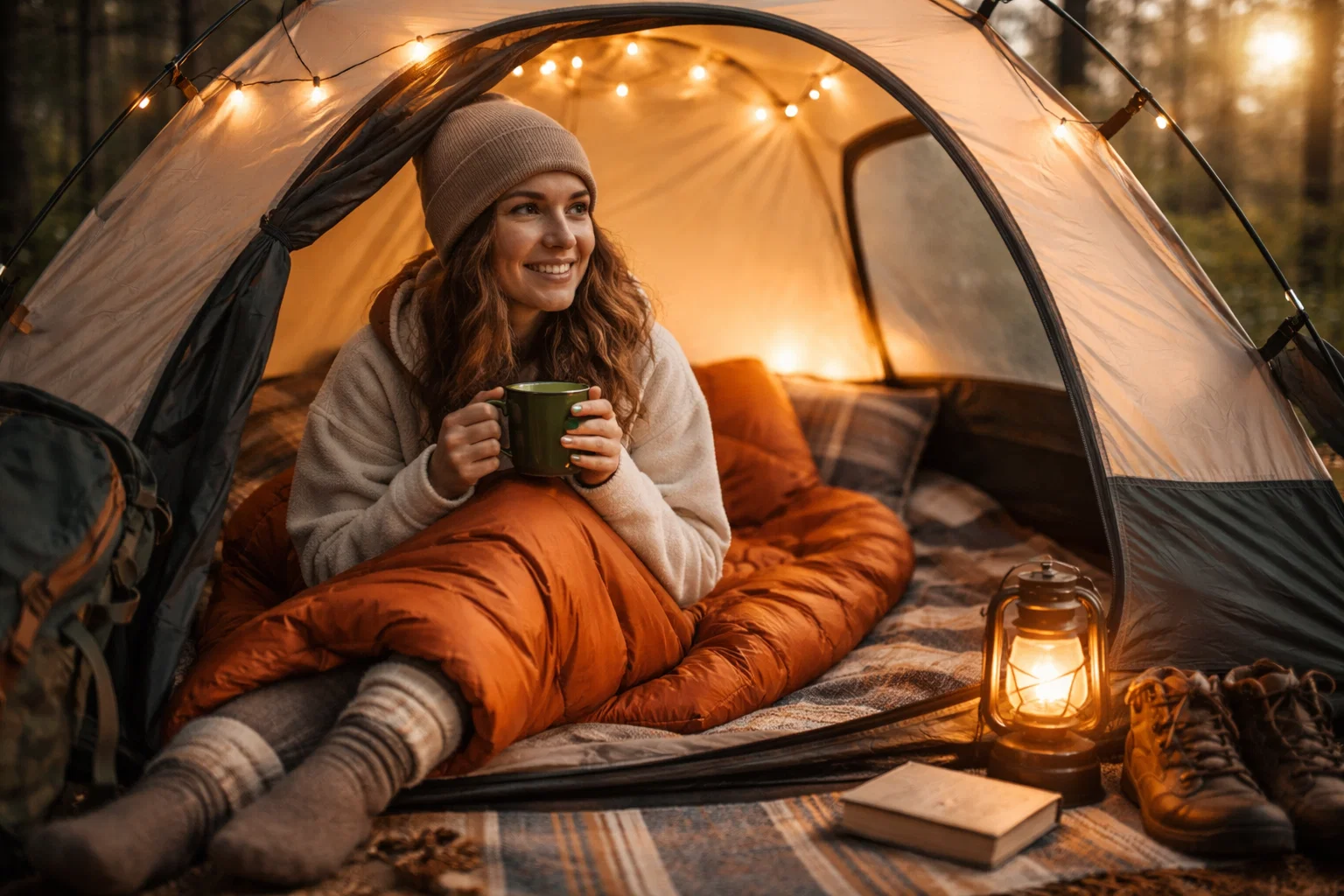 A woman looking comfortable in a dome tent