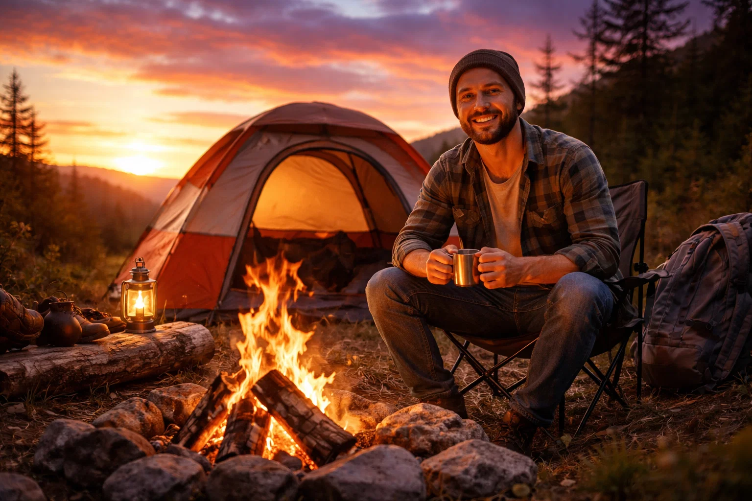 A happy camper outside their tent at sunset with a fire