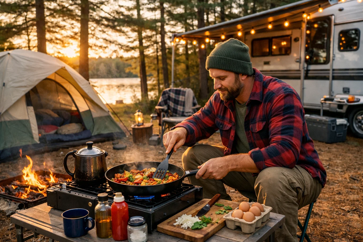A camper cooking on their campsite