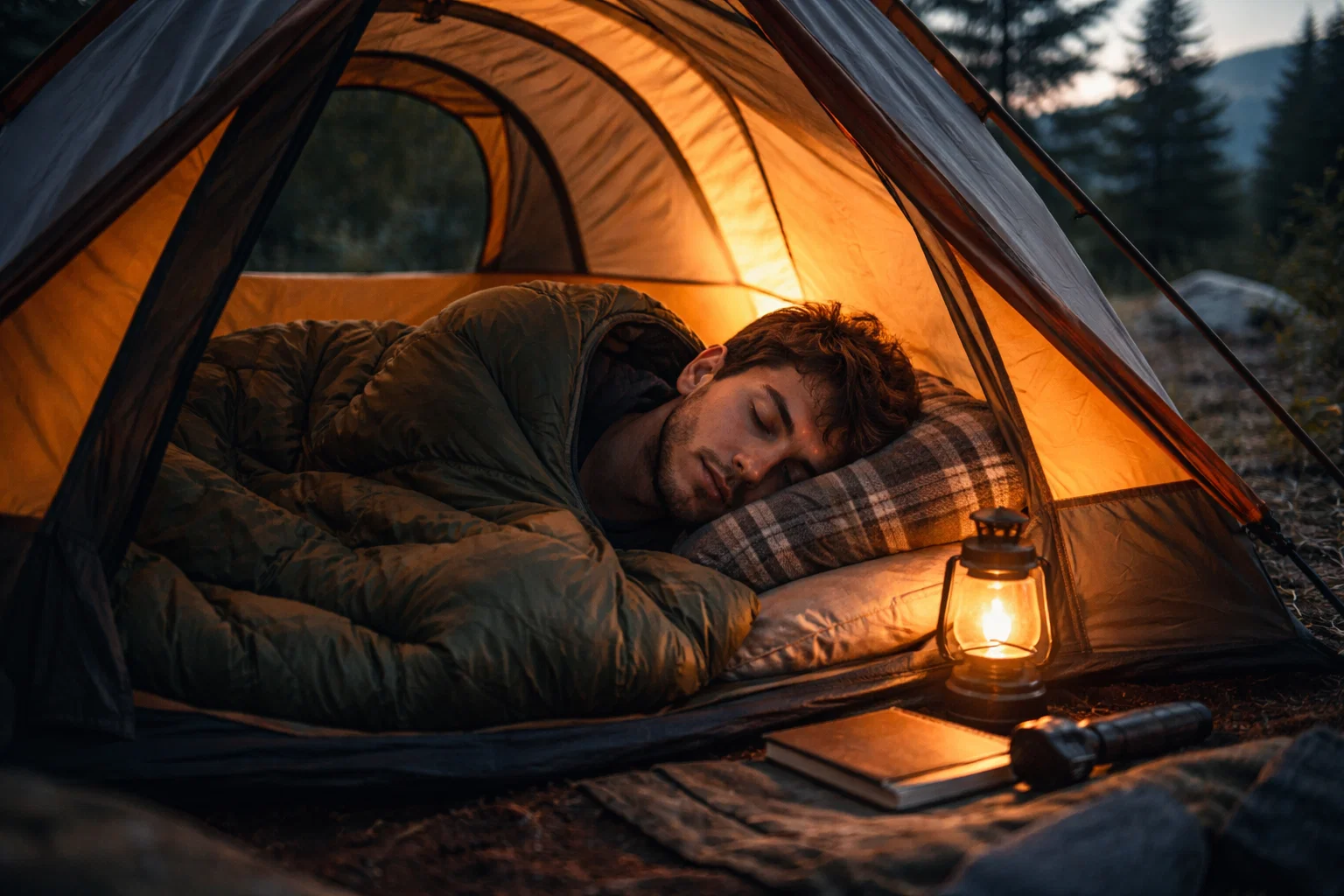 Someone sleeping in a tent while camping