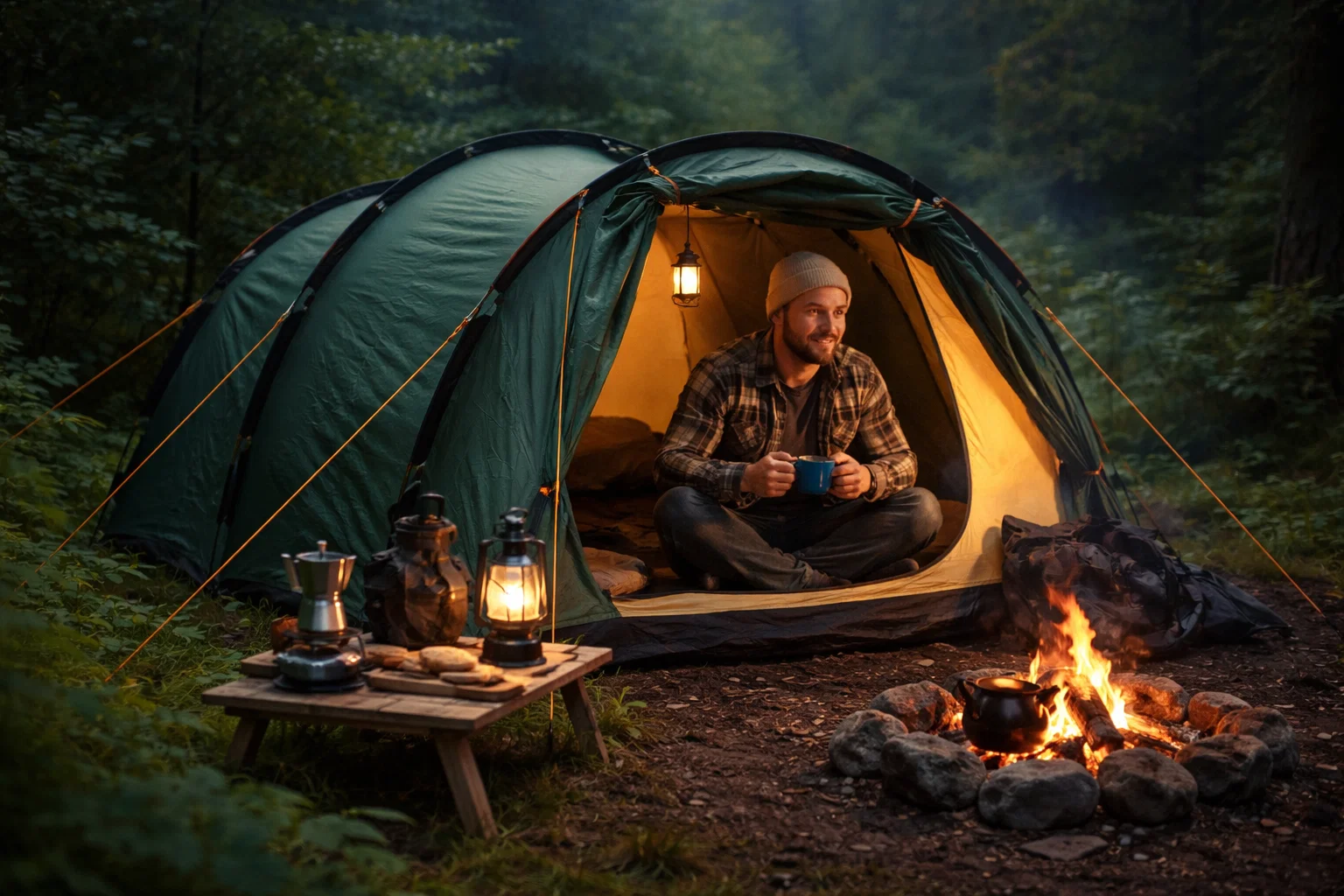 Someone camping in a tunnel tent 