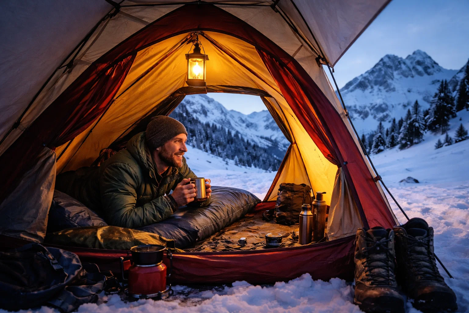 A camper in a four season tent
