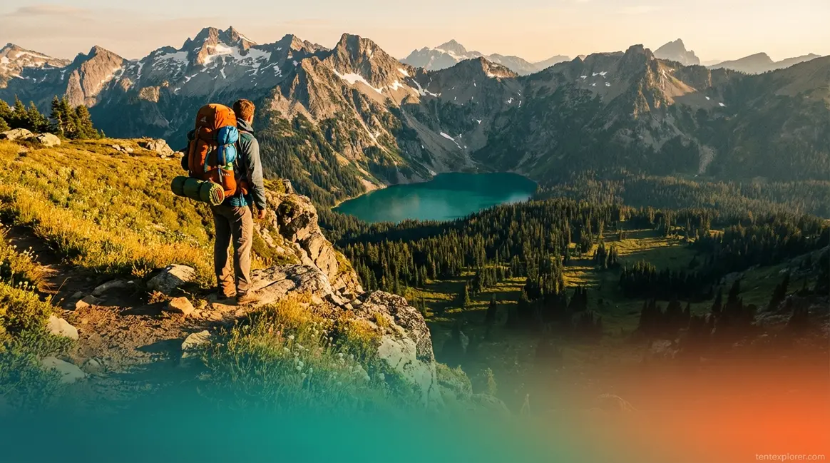 What is backcountry camping — solo hiker with pack overlooking alpine wilderness lake and mountains