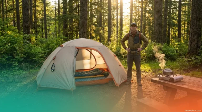 Beginner camping mistakes avoided — first-time camper with correctly pitched tent and organized campsite at golden hour