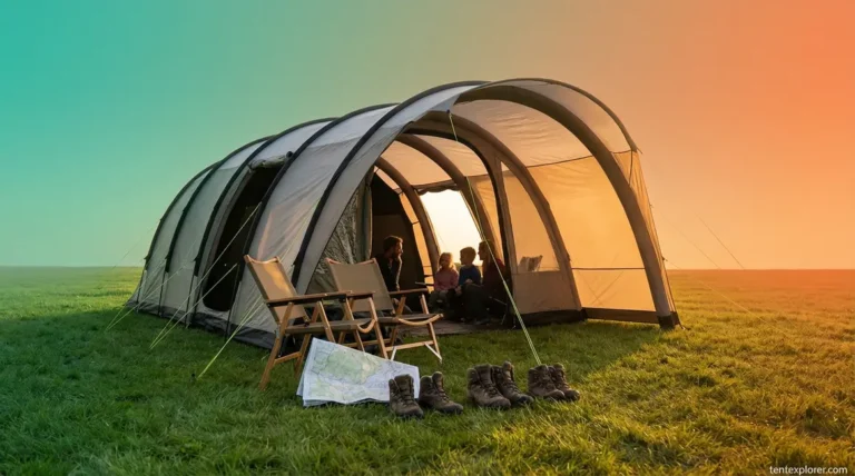 Best tunnel tent for family camping pitched at a green campsite with family inside