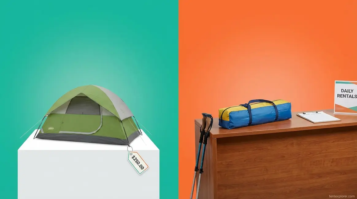 Buying vs renting a camping tent comparison showing a new tent and a rental