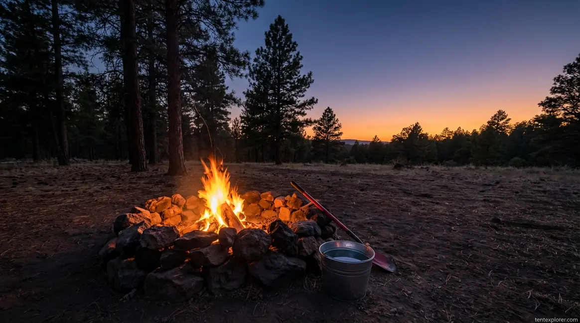 Campfire safety tips: contained fire in stone ring with water bucket and shovel at campsite