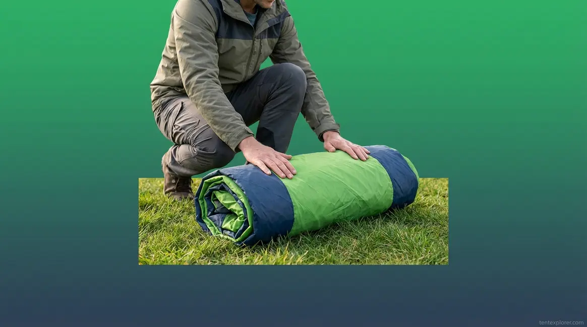 A camper demonstrating how to fold and store a tent properly on grass