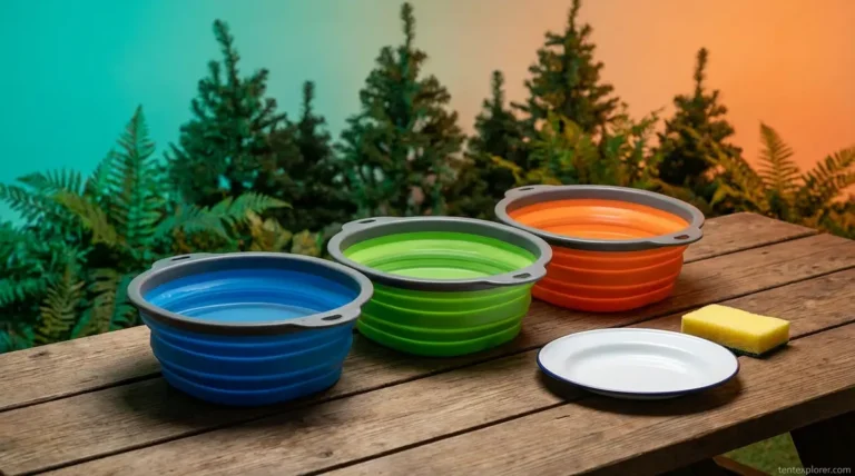 How to wash dishes when camping using three collapsible basins on a table