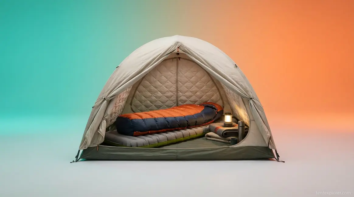 Cozy winter camping setup showing insulated sleeping pad and warm sleeping bag to keep warm in a tent