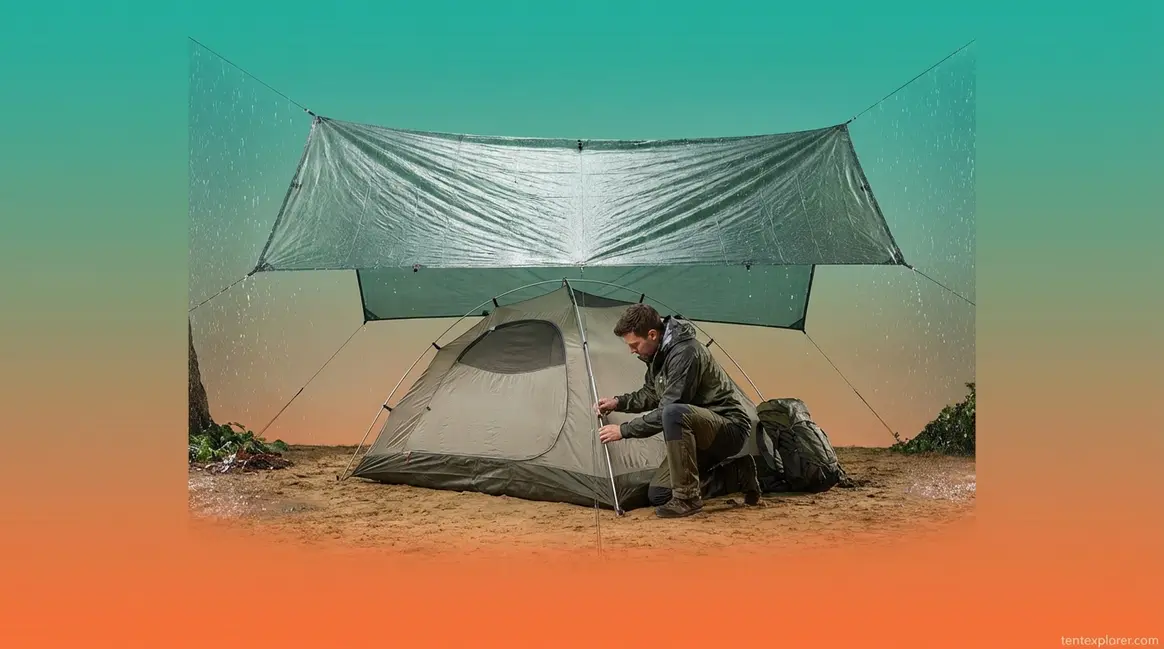 Camper setting up a tent in the rain under a protective tarp