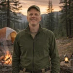 Dave King posing in front of a campsite