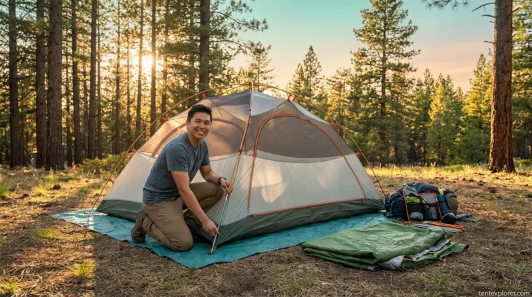 Beginner camper setting up a dome tent with poles and rainfly on a forest campsite