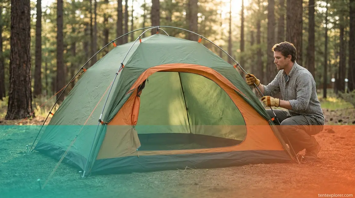 Tent setup tips for beginners showing dome tent being pitched at a forested campsite during golden hour