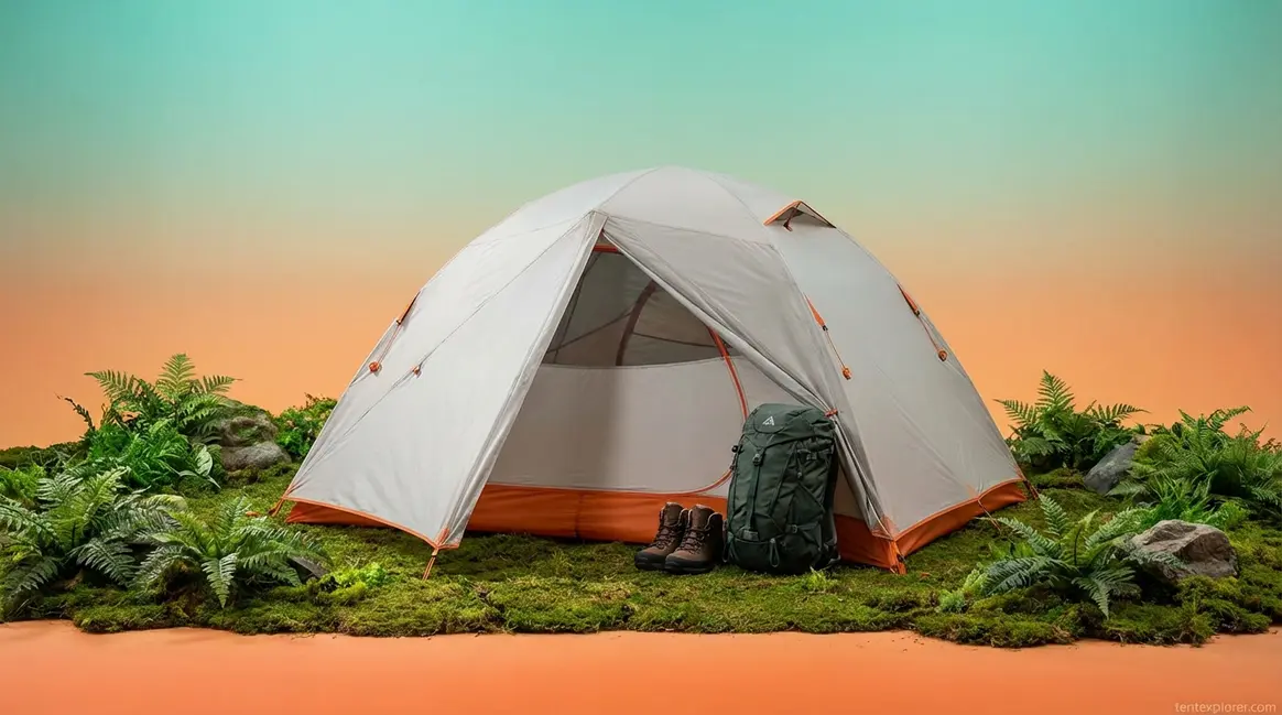 Green camping tent with an open vestibule showing stored backpack and hiking boots