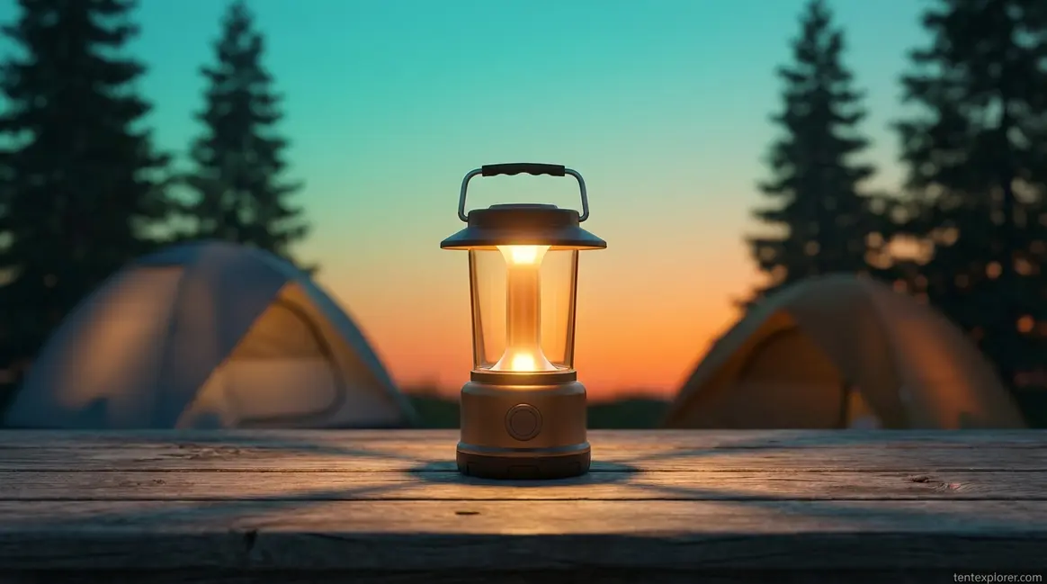 Bright LED camping lantern illuminating a dark campsite picnic table at dusk