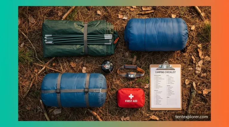 Beginner camping checklist flat-lay showing tent, sleeping bag, headlamp, and first aid kit essentials