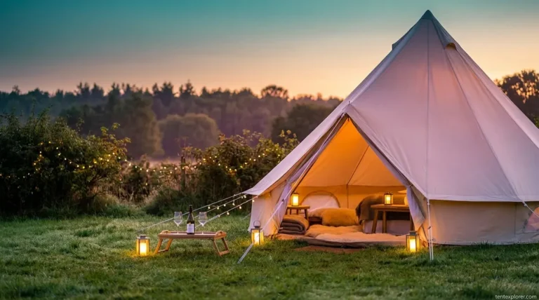 Best glamping tent setup at golden hour with canvas bell tent and outdoor furniture