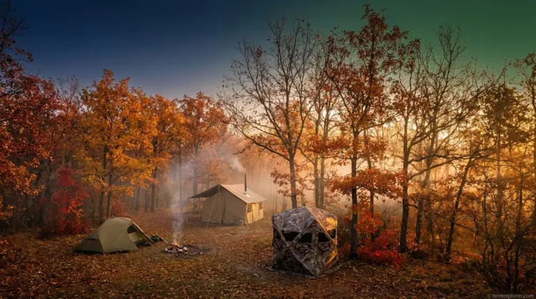 Best hunting tents lineup showing ground blind, ultralight tent, and base camp cabin in autumn forest