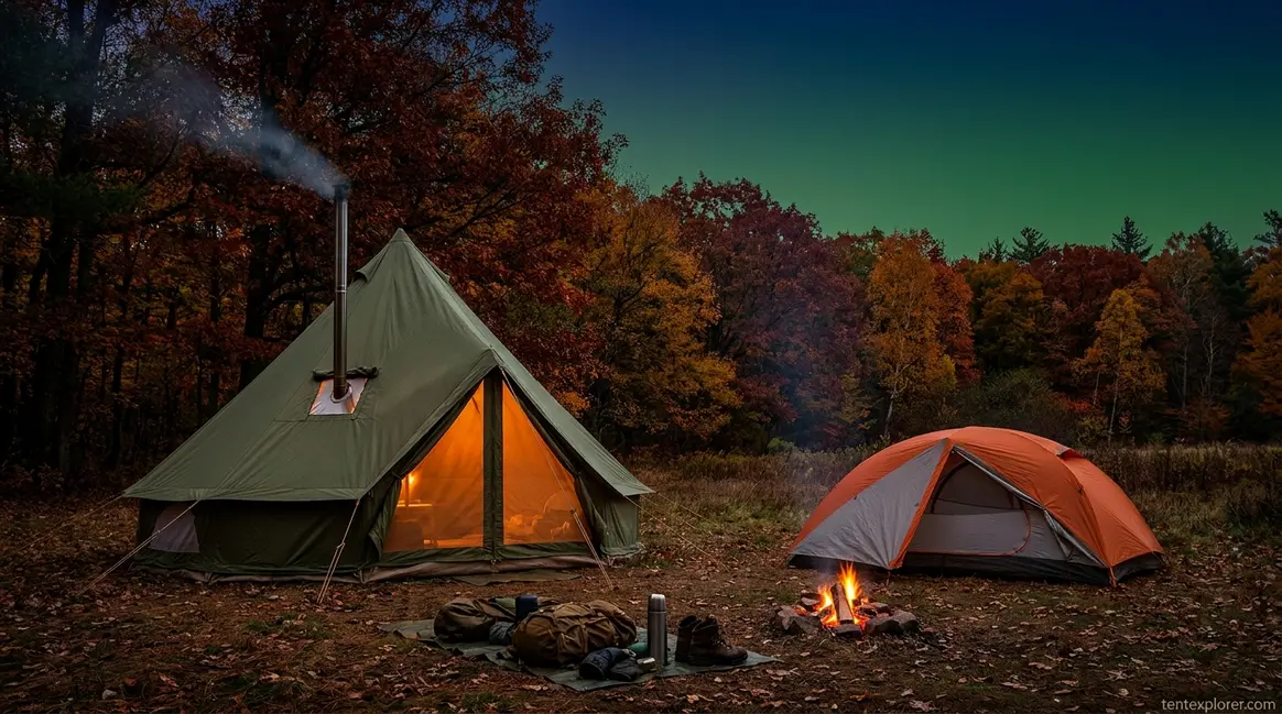 Best hunting tents side by side — canvas hot tent and backpacking dome in forest camp