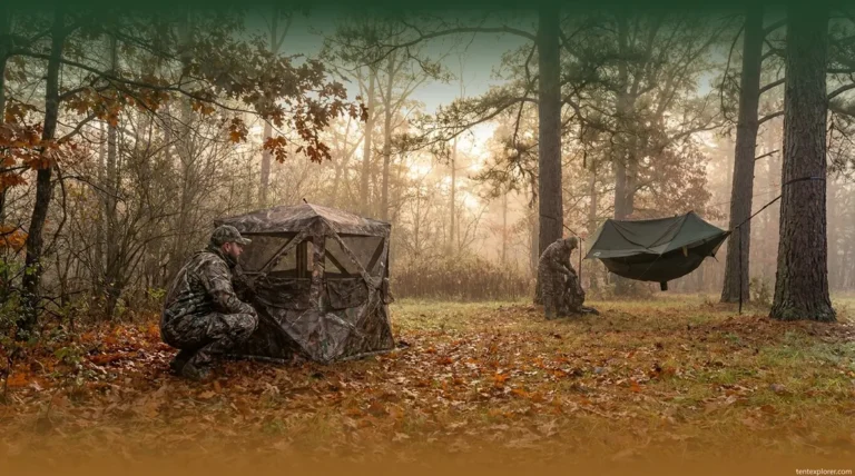 Hunter in camouflage beside a pop-up ground blind in an autumn forest at dawn