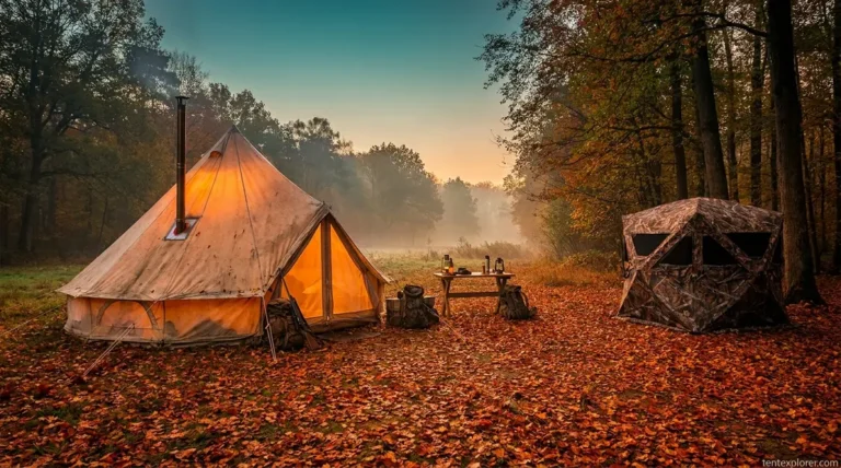 Best hunting tents setup showing canvas base camp tent and pop-up ground blind in autumn forest