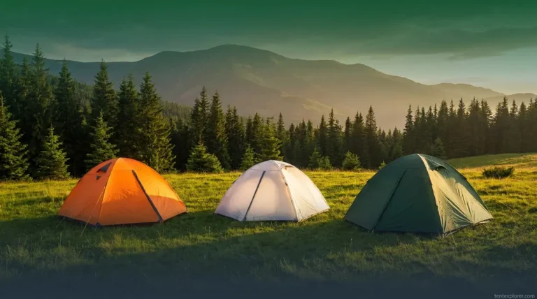 Three camping tents in orange, white, and green showing best tent colour options for camping