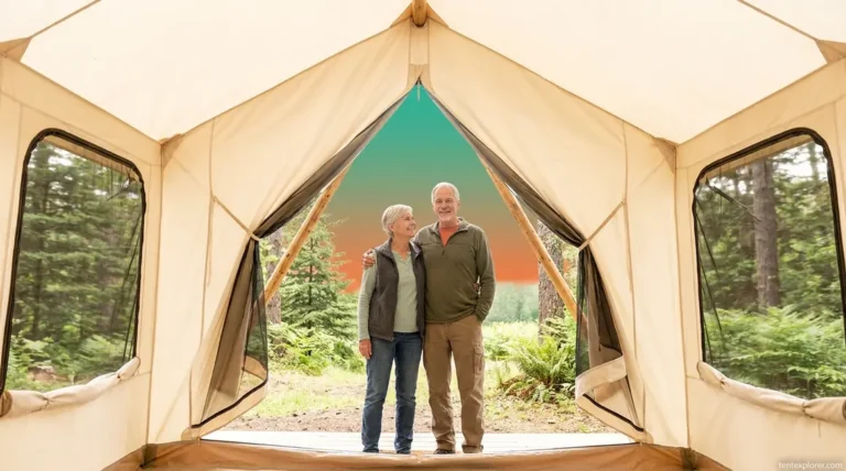 Senior couple standing upright inside a spacious cabin tent at a forest campsite