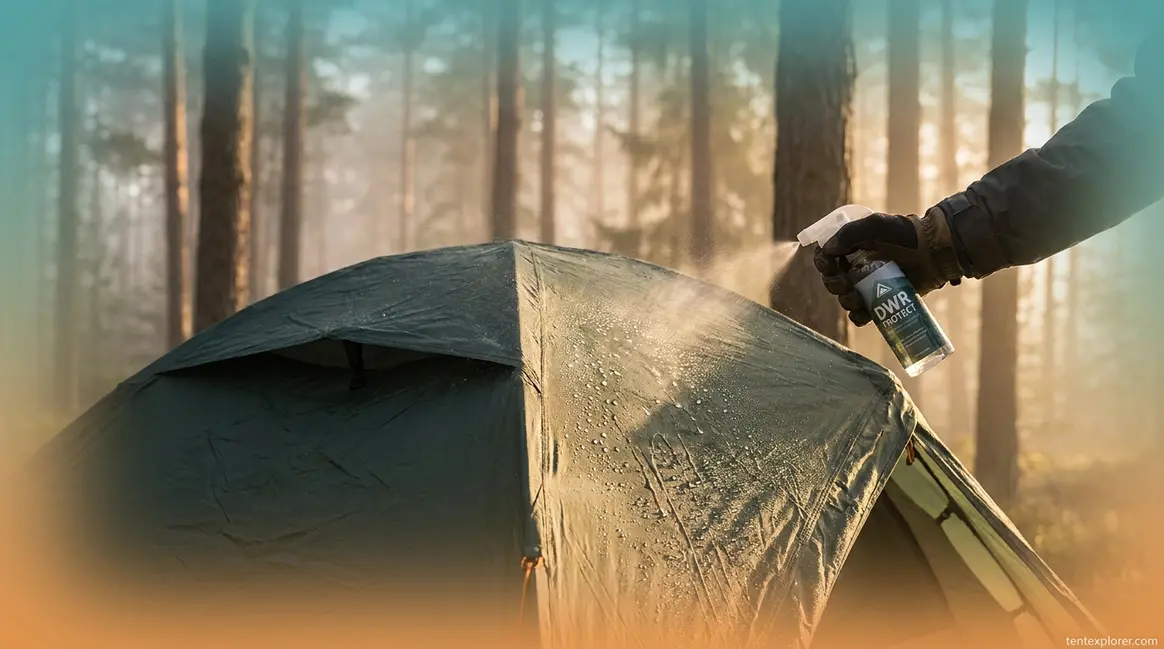 Best tent waterproofing spray applied to a nylon rainfly with water beading off the treated fabric surface