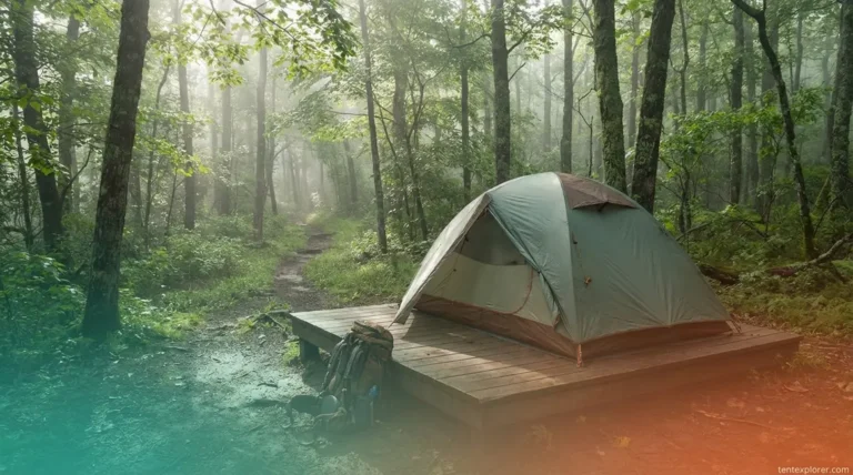 Best tent for Appalachian Trail pitched on wooden platform in misty forest at dawn