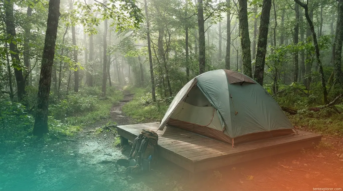 Best tent for Appalachian Trail pitched on wooden platform in misty forest at dawn
