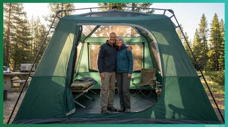 Senior couple standing upright inside a spacious instant cabin tent at a forested campsite