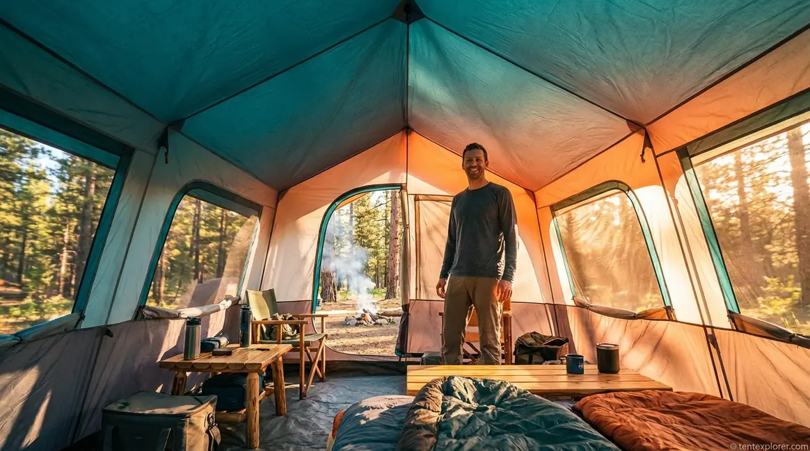 Tall person standing upright inside a spacious cabin tent at a forest campsite