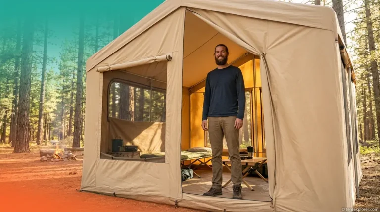 Tall person standing upright inside spacious camping tent showing best tent for tall people headroom