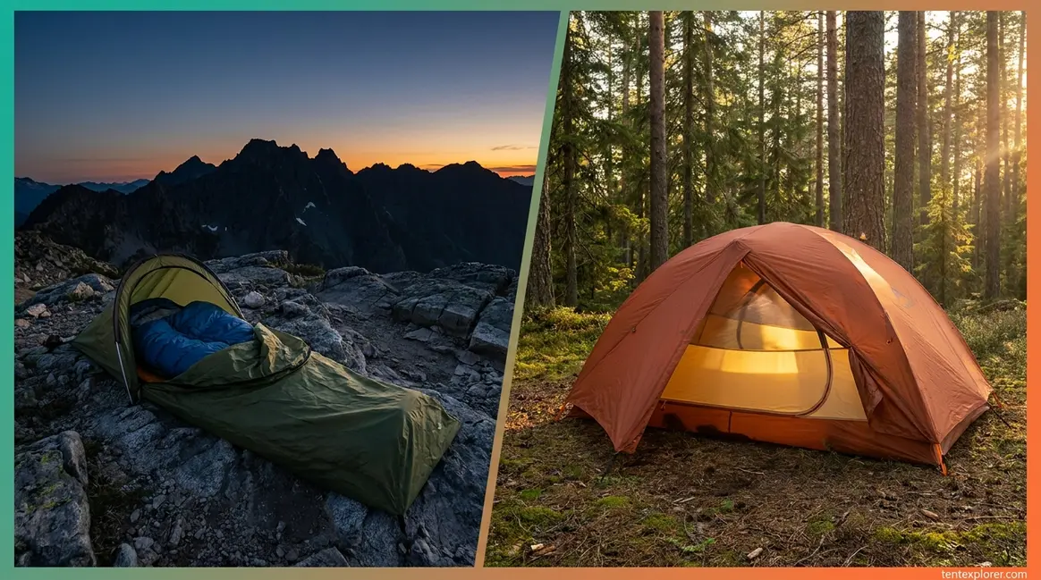 Bivy vs tent side-by-side comparison showing alpine bivy sack and forested solo tent setup
