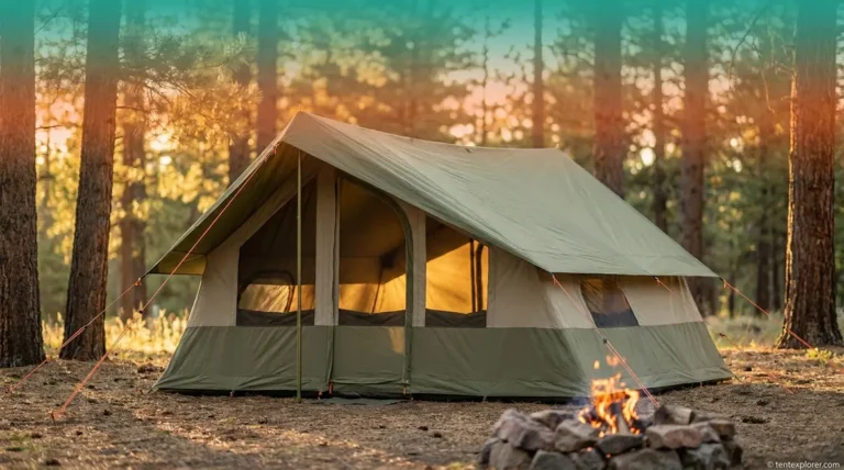 Fully pitched cabin tent with rainfly and guylines set up at a forest campsite