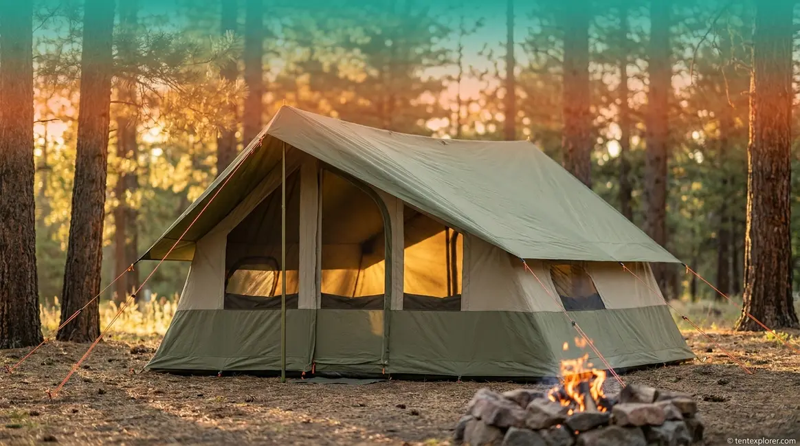 Fully pitched cabin tent with rainfly and guylines set up at a forest campsite