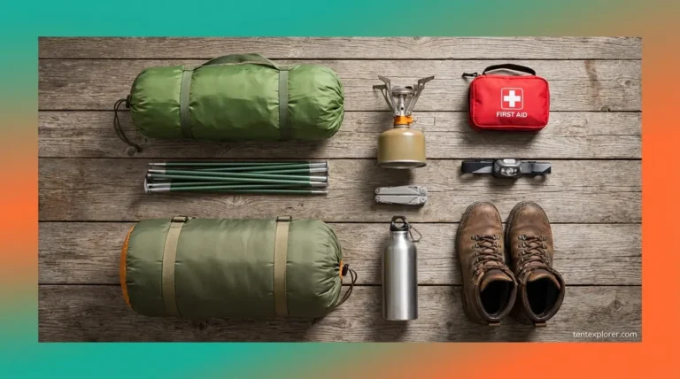Essential camping supplies list laid out flat including tent, sleeping bag, headlamp, and first aid kit