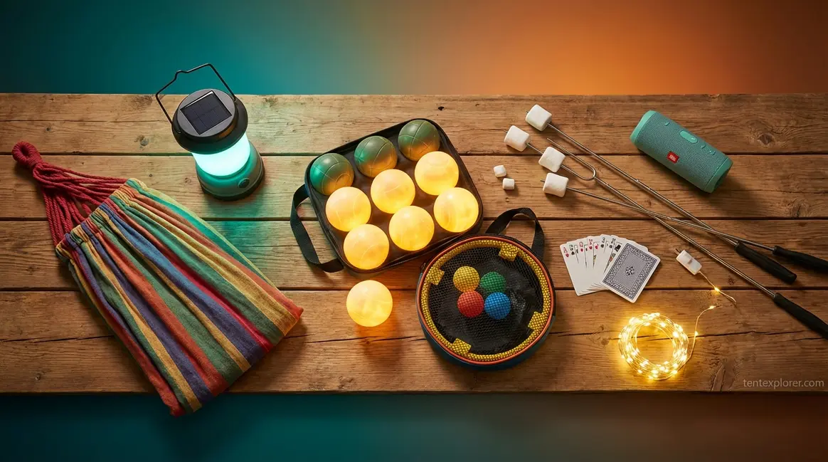 Fun things to bring camping including games, hammock, lantern, and campfire gear arranged together