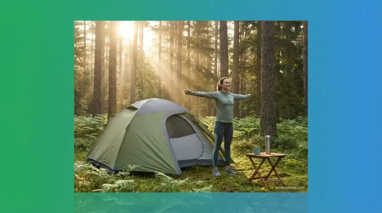 Person stretching at a peaceful forest campsite experiencing the health benefits of camping