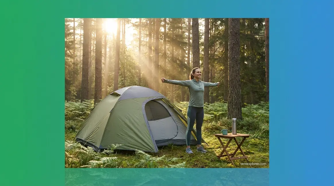 Person stretching at a peaceful forest campsite experiencing the health benefits of camping