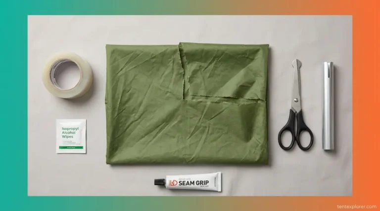How to repair a torn tent — tools and materials laid out including Tenacious Tape and Seam Grip