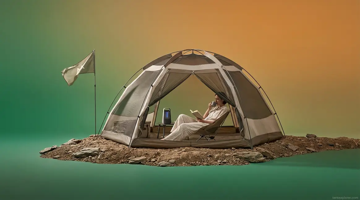 Mosquito-free camping setup showing an elevated tent and protected seating area