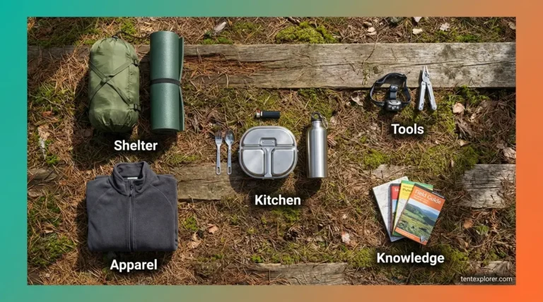 Complete one-night camping gear checklist laid out flat — tent, sleeping bag, headlamp, mess kit, and clothing