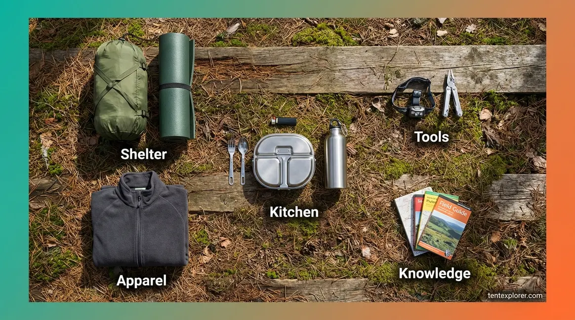 Complete one-night camping gear checklist laid out flat — tent, sleeping bag, headlamp, mess kit, and clothing