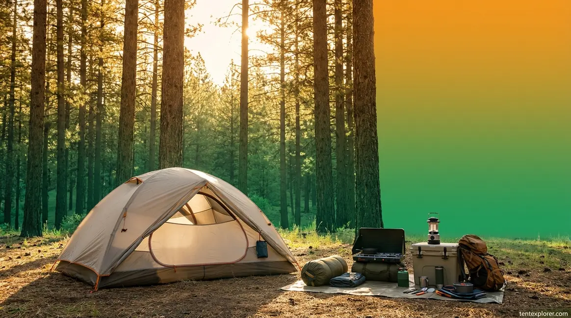 Well-prepared camping trip setup with tent and organized gear in a forest