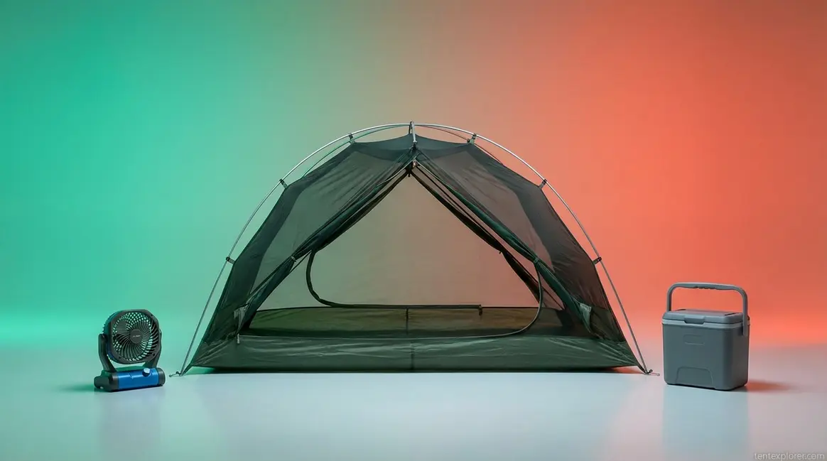 Setup showing how to stay cool while camping with mesh tent and battery fan