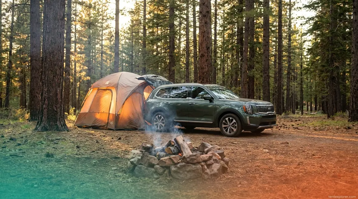 SUV tent guide showing hatchback camping tent attached to SUV at forested campsite